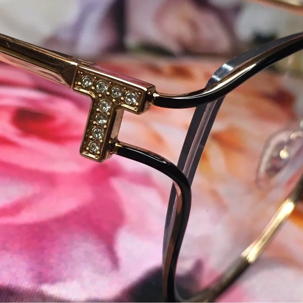 Tiffany & Co Gold & Black polished cat eye Crystal encrusted T frames glasses